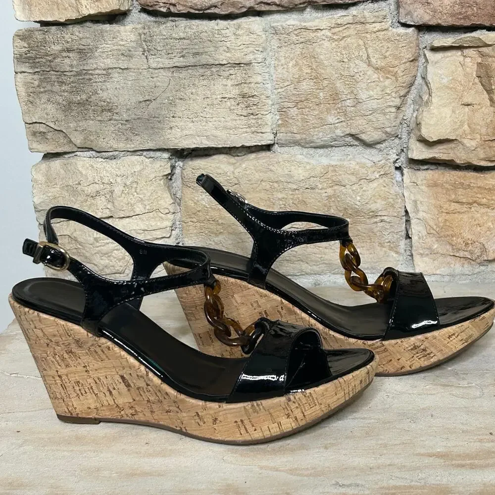 Vaneli Emalee Black Patent Ankle Strap Cork Wedge Peep Toe Sandals Sz 8 - Picture 6 of 11